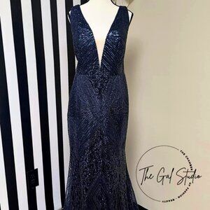 Mori Lee- Madeline Gardner- Dark Blue Sparkle V Neck Long Length Size 16 Formal